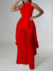 Loose Backless Lacy Solid Color Halter-Neck Vest Top + High-Low Pants Bottom Two Pieces Set