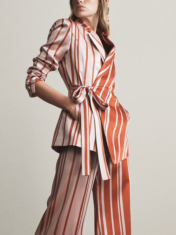 Striped Tied Long Sleeves Notched Collar Outerwear Blazer