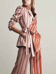 Striped Tied Long Sleeves Notched Collar Outerwear Blazer