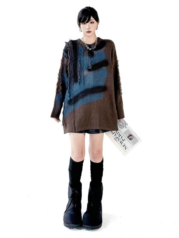 Abstract Printed Asymmetric Contrast Color Split-Joint Tasseled Irregularity Long Sleeves Round-Neck Sweater Tops
