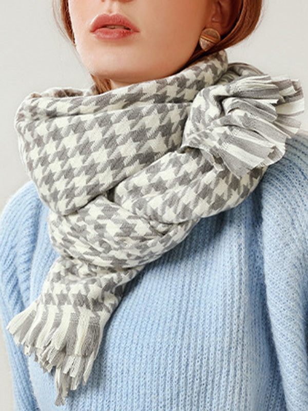 Fringed Houndstooth Keep Warm Shawl&Scarf