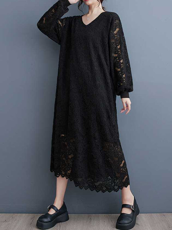 Jacquard Bishop Sleeve Long Sleeves V-Neck Midi Dresses