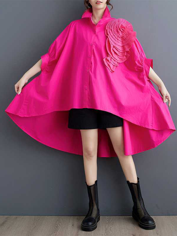 Asymmetric Buttoned Pleated Solid Color Three-Dimensional Flower Batwing Sleeves Half Sleeves Lapel Blouses&Shirts Tops