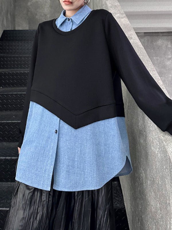 Asymmetric Buttoned Contrast Color Split-Joint False Two Long Sleeves Lapel Sweatshirt Tops