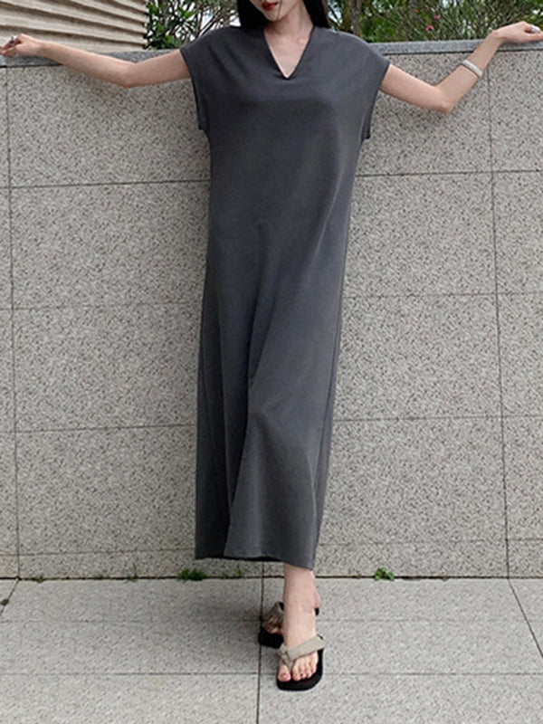 Solid Color Batwing Sleeves Loose V-neck Midi Dresses