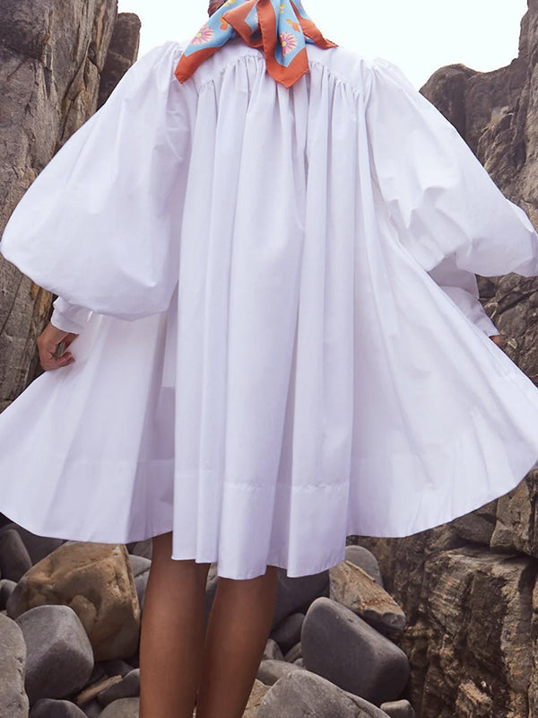 Buttoned Solid Color Long Sleeves Loose Stand Collar Shirt Dress Mini Dresses