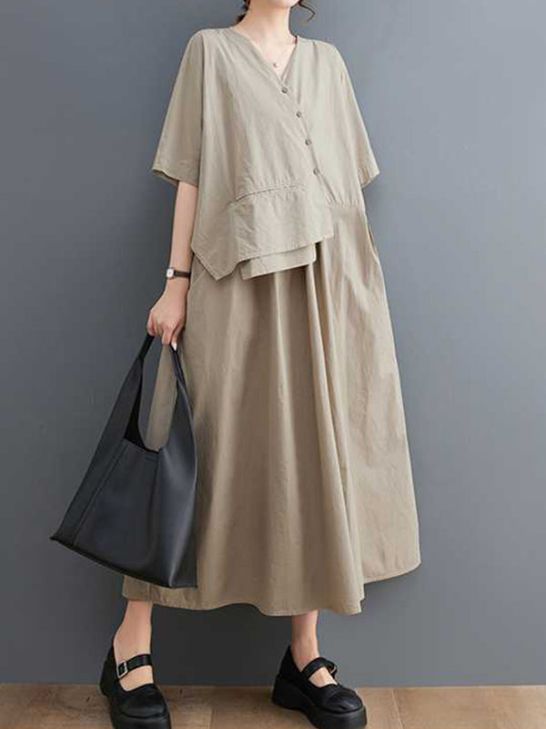Pleated Solid Color Split-Joint Loose Short Sleeves V-Neck Midi Dresses
