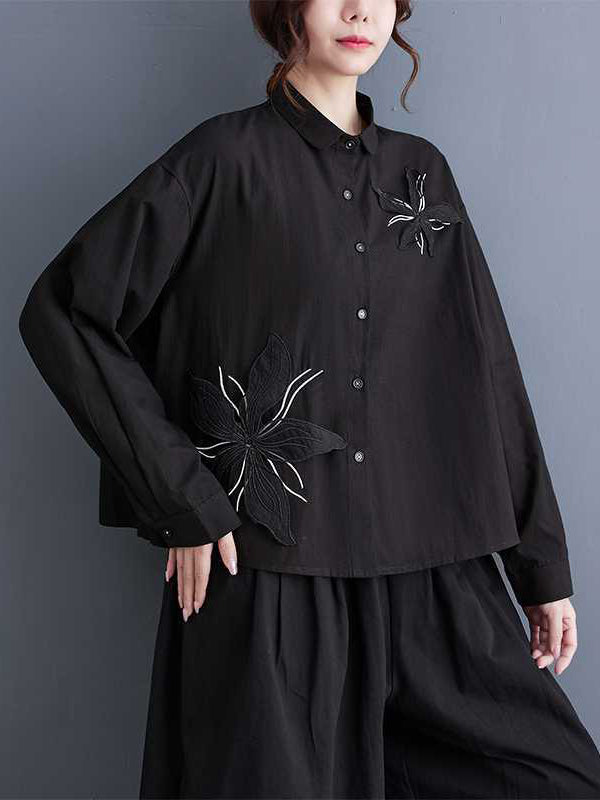 Applique Buttoned Embroidered Long Sleeves Loose Lapel Blouses&Shirts Tops
