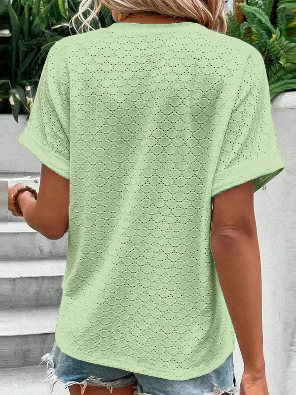 Buttoned Jacquard Split-Joint Loose Plus Size V-Neck T-Shirts Tops
