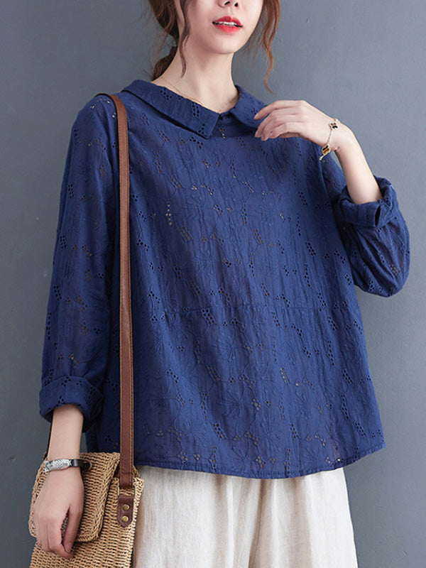 Loose 3 Colors Embroidered Hollow Lapel Collar Long Sleeves T-Shirt