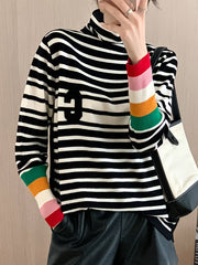 Contrast Color Knitted Letters Split-Joint Striped Long Sleeves Loose High Neck Sweater Tops Pullovers
