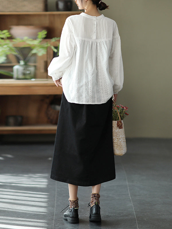 Artistic Retro Loose Solid Color Lace Hollow Long Sleeves T-Shirt Top