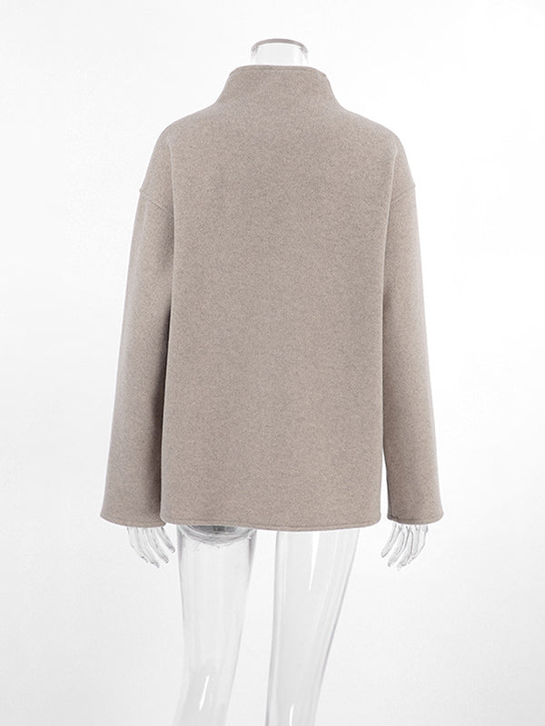 Buttoned Long Sleeves Loose Stand Collar Woolen Coat