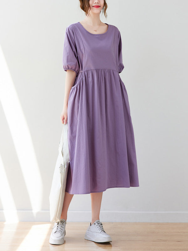 Casual Half Sleeves Loose Elasticity Split-Joint Solid Color Midi Dresses