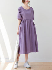 Casual Half Sleeves Loose Elasticity Split-Joint Solid Color Midi Dresses