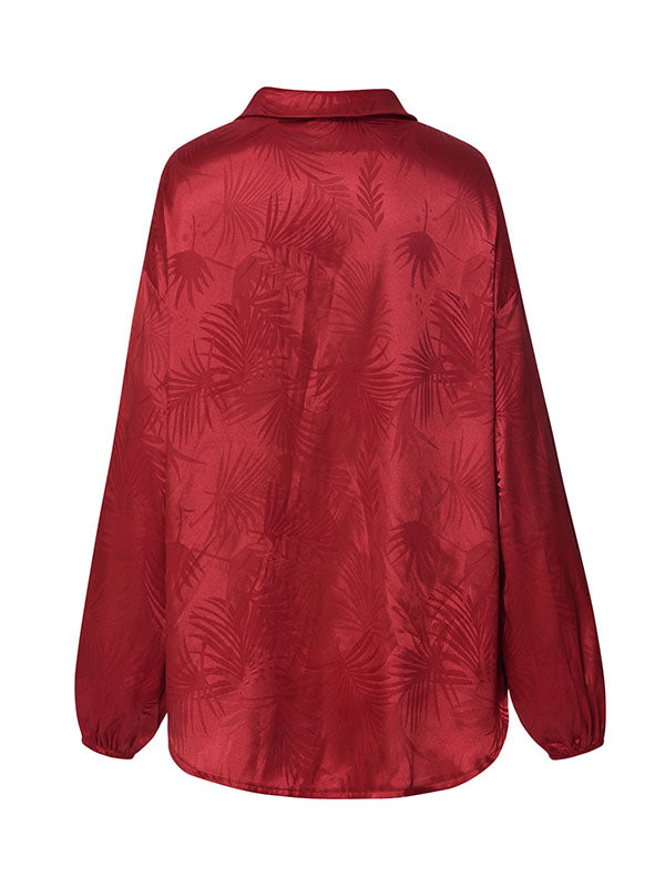 Jacquard Split-Joint Loose Puff Sleeves Lapel Blouses