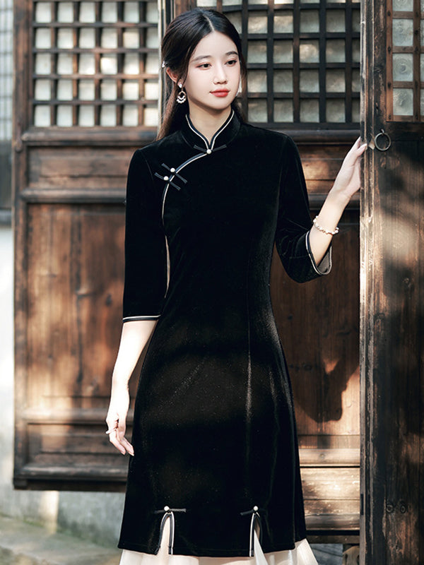 Vintage Beaded False Two Half Sleeves Long Cheongsams