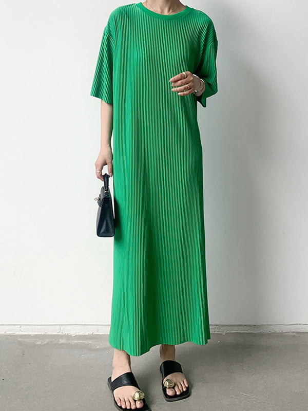 Pleated Solid Color Half Sleeves Loose Round-Neck Midi Dresses