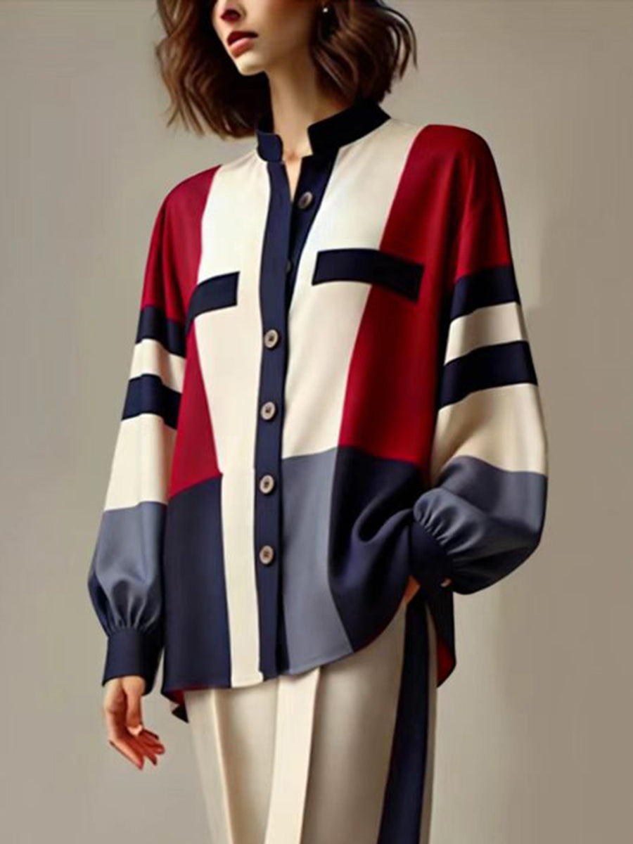 Buttoned Contrast Color Split-Joint Long Sleeves Loose Stand Collar Blouses&Shirts Tops