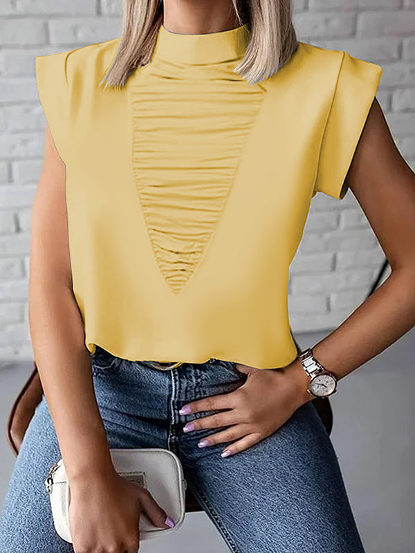 Pleated Solid Color Loose Sleeveless Mock Neck T-Shirts Tops