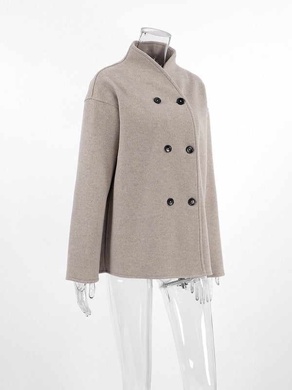 Buttoned Long Sleeves Loose Stand Collar Woolen Coat
