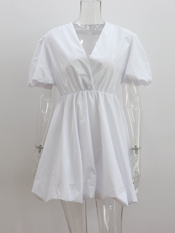Pleated Solid Color Split-Joint Loose Puff Sleeves V-Neck Mini Dresses