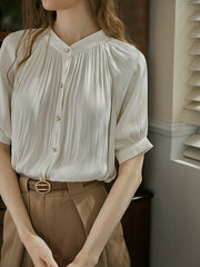 Buttoned Pleated Loose Puff Sleeves Round-neck Blouses&shirts Tops