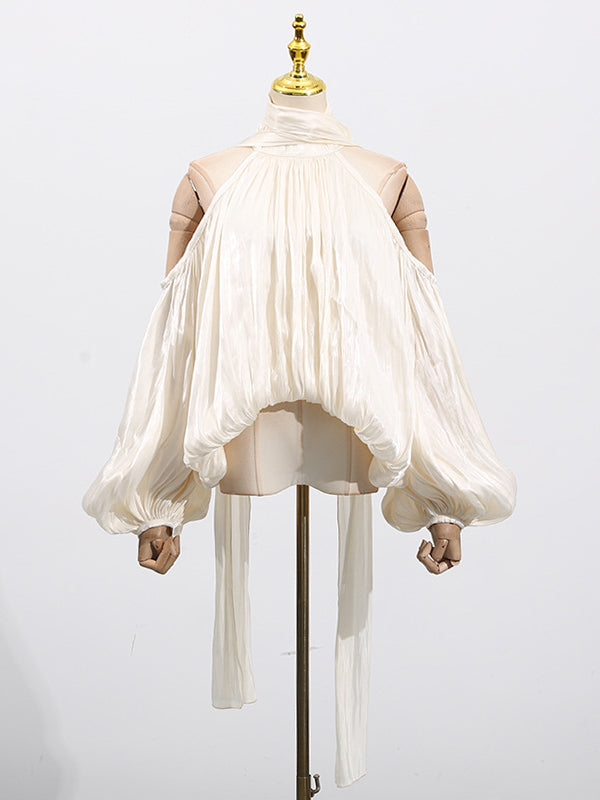 Pleated Solid Color Tied Long Sleeves Loose Halter-Neck Blouses&Shirts Tops