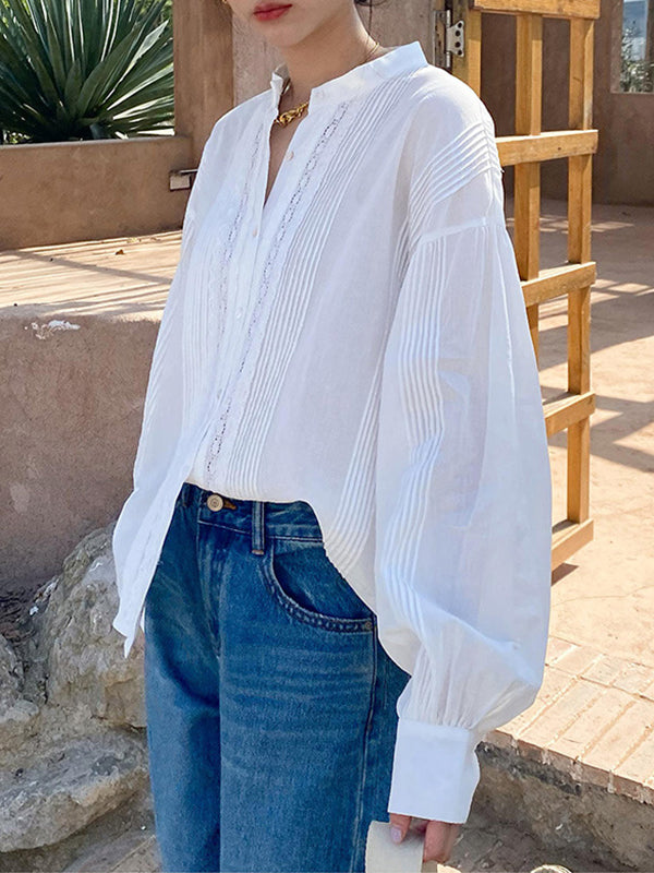 Buttoned Pleated Solid Color Split-Joint Long Sleeves Loose Stand Collar Blouses&Shirts Tops