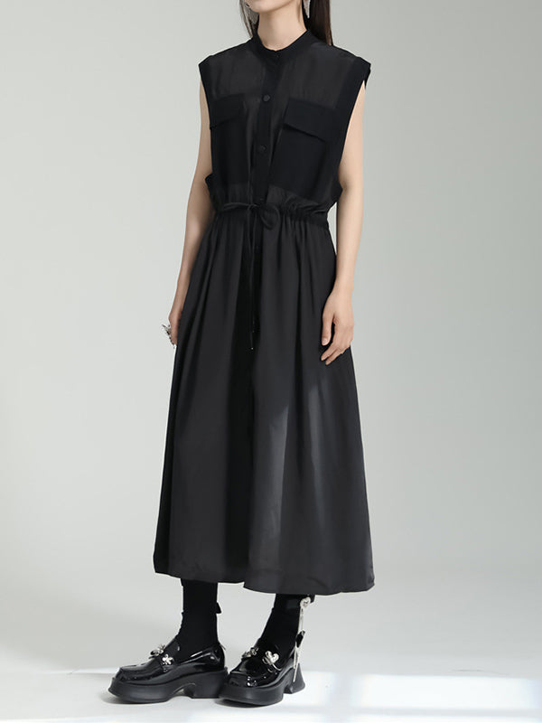 Contrast Color Drawstring Split-Joint Tied Waist Loose Sleeveless Round-Neck Midi Dresses