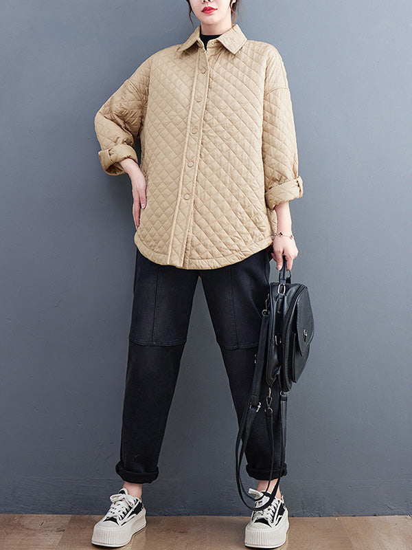 Loose Long Sleeves Buttoned Solid Color Lapel Collar Padded Outerwear