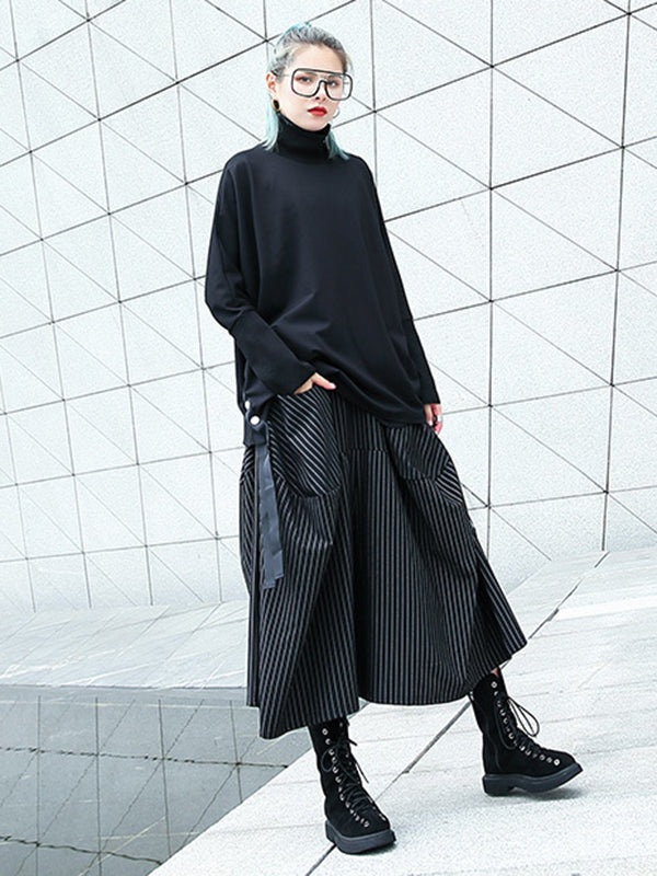 Elasticity Pockets Striped High Waisted Loose Pants Culotte