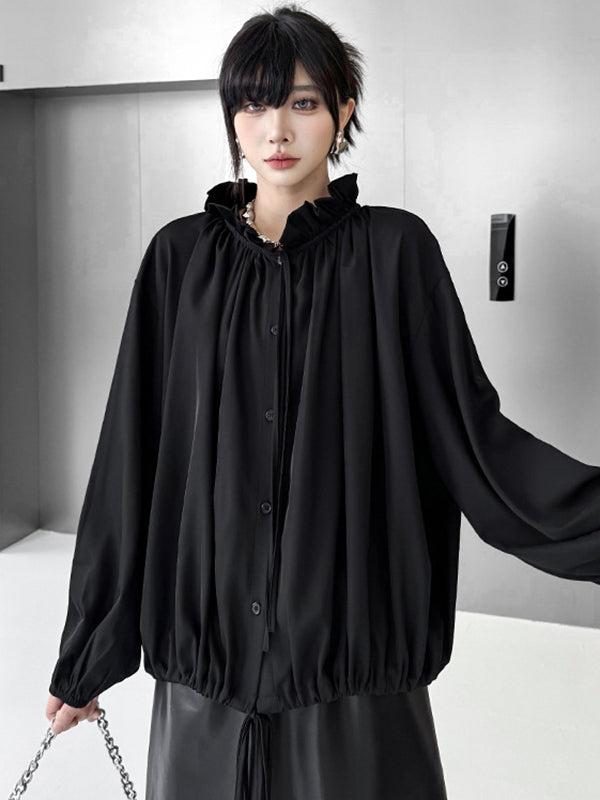 Drawstring Pleated Pullover Design Solid Color Long Sleeves Loose Lace Collar Blouses&Shirts Tops