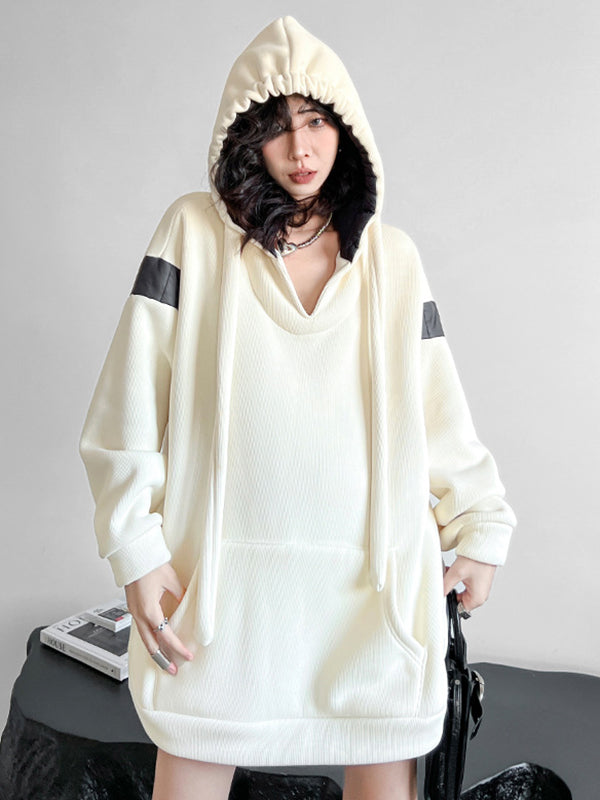 Contrast Color Drawstring Pockets Velvet Long Sleeves Loose Hoodies Tops