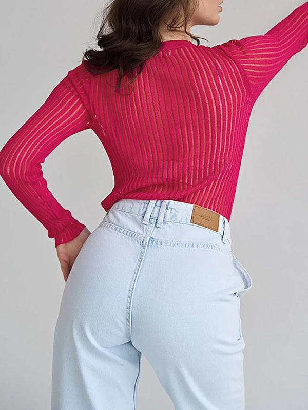 See-Through Split-Joint Long Sleeves Skinny Round-Neck T-Shirts