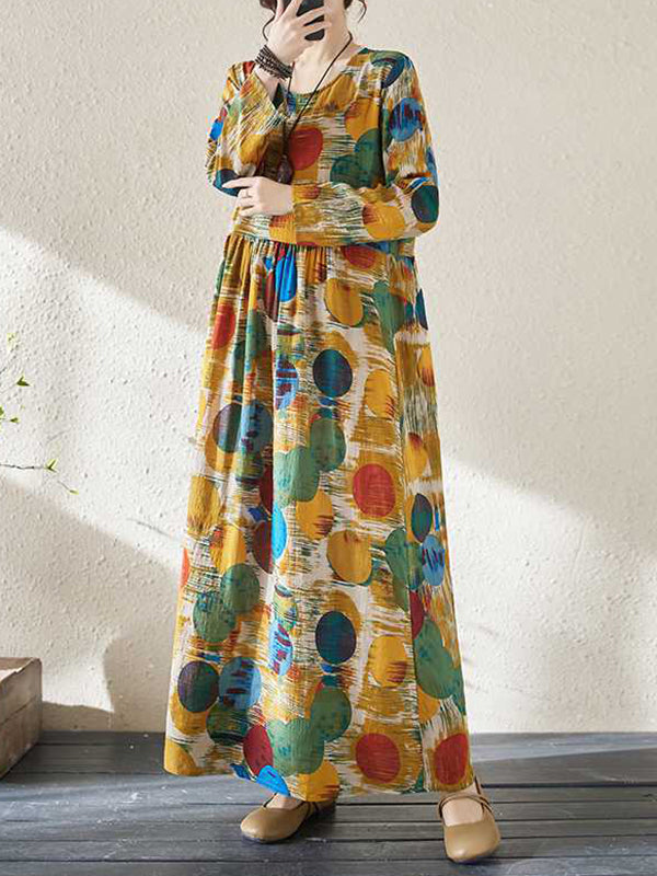 Pleated Polka-Dot Split-Joint A-Line Long Sleeves Round-Neck Maxi Dresses