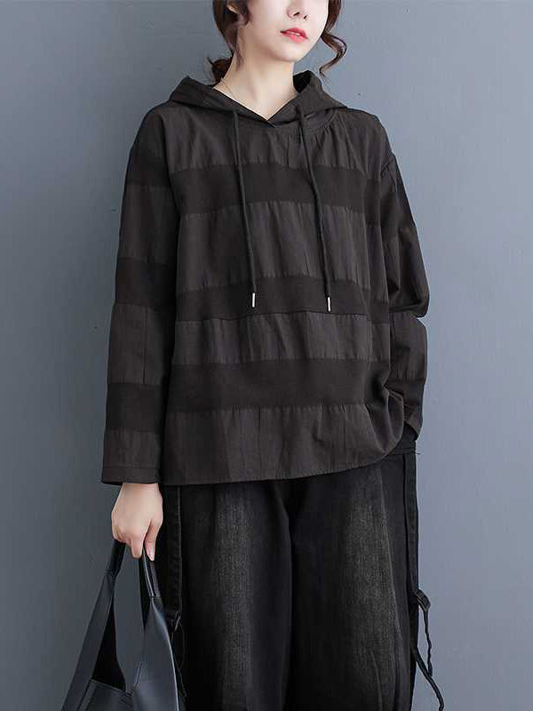 Drawstring Hooded Solid Color Split-Joint Long Sleeves Loose Round-Neck Hoodies Tops