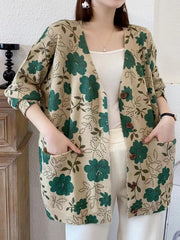 Buttoned Knitted Flower Pockets Long Sleeves Loose V-Neck Cardigan Tops