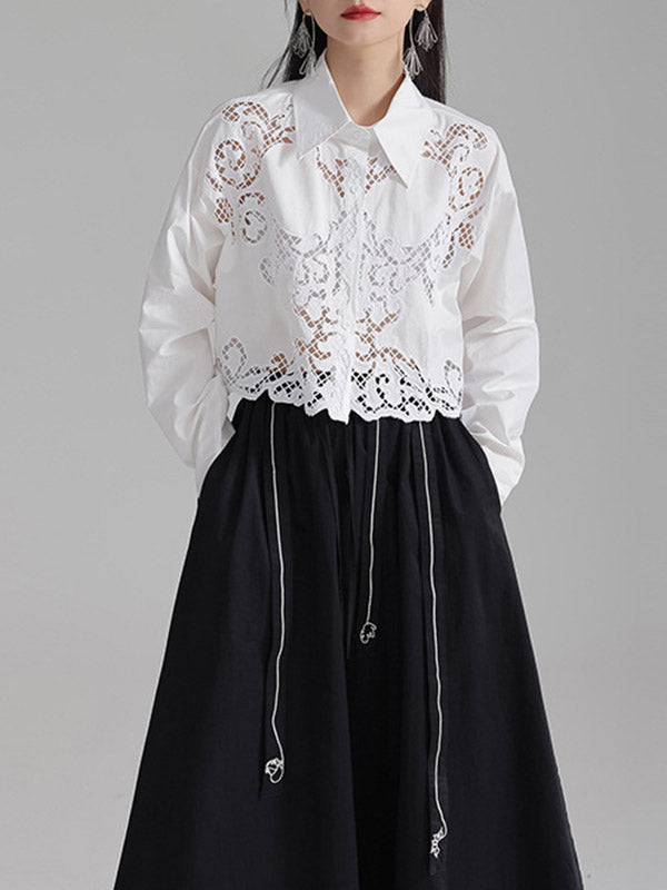 Buttoned Hollow Solid Color Long Sleeves Loose Lapel Blouses&Shirts Tops