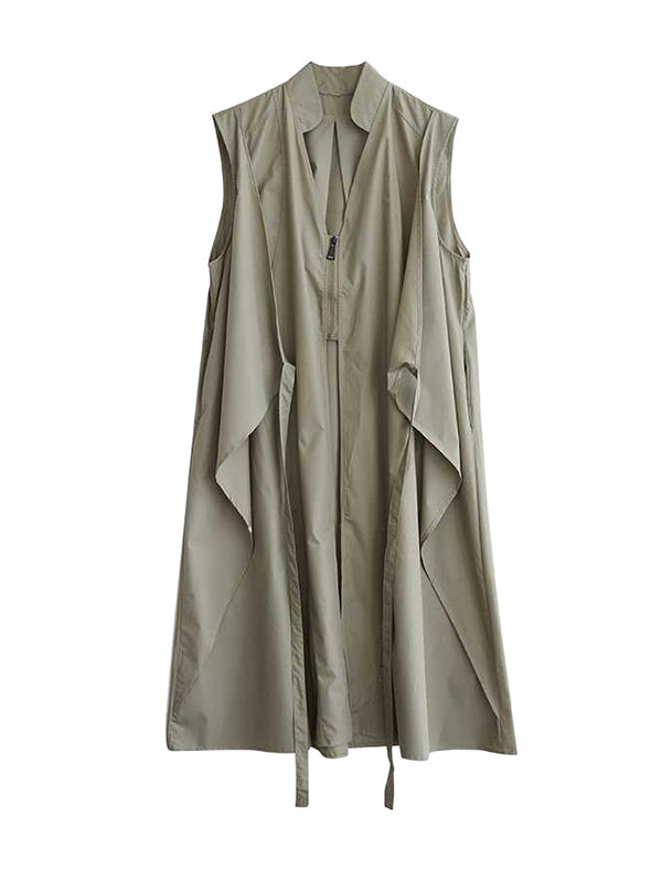 Pockets Solid Color Tied Zipper A-Line Loose V-Neck Shirt Dress Midi Dresses