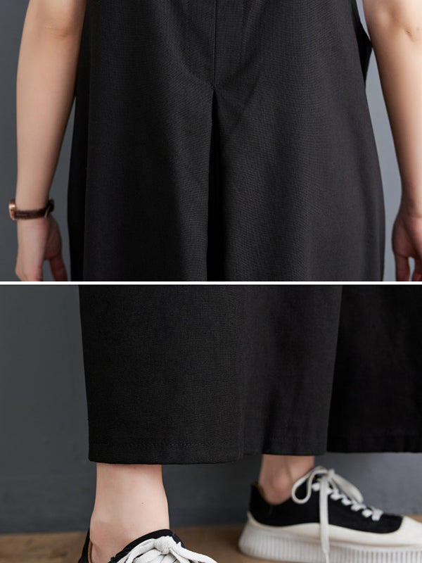 Buttoned Solid Color Ninth Pants Wide Leg Spaghetti-Neck Overalls