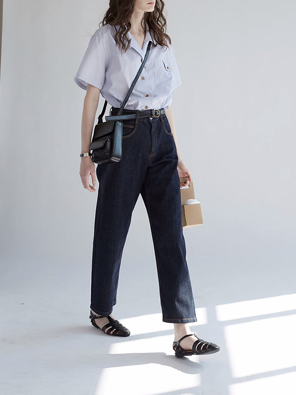 Buttoned Pockets Solid Color Loose Short Sleeves Notched Collar Blouses&Shirts Tops