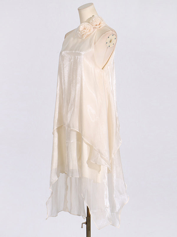 Double Layered Shiny Three-Dimensional Flower High Waisted Loose Halter-Neck Midi Dresses