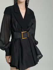 Belted See-Through Puff Sleeves Loose Lapel Blouses&shirts Tops