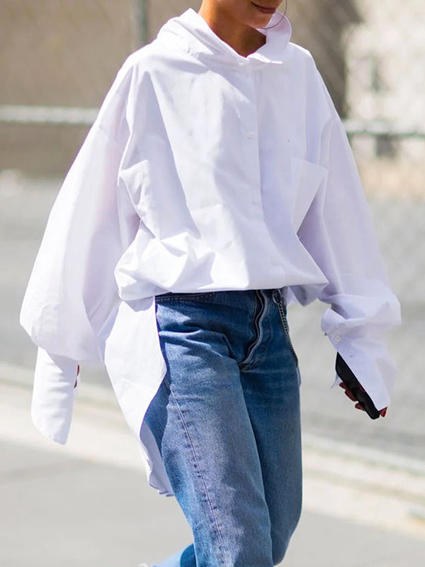 Solid Color Long Sleeves Loose Stand Collar Blouses&Shirts Tops
