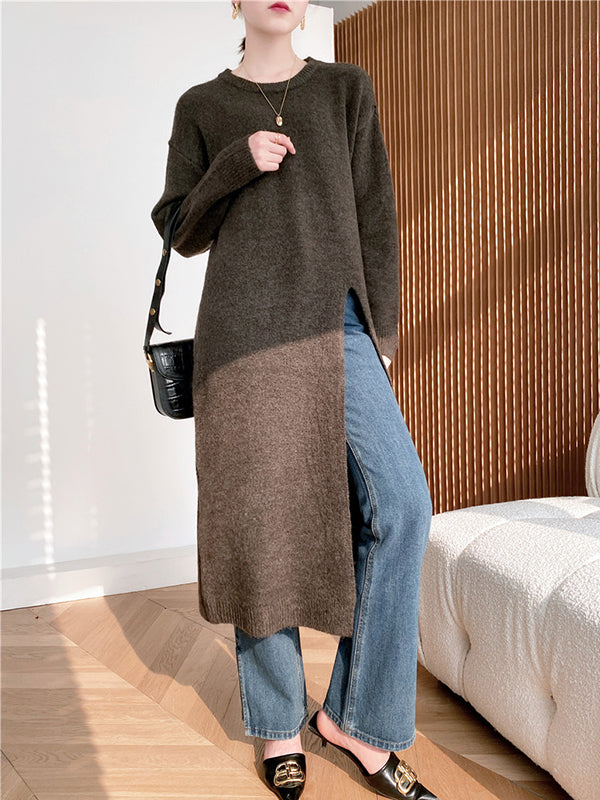 Loose Split-Side Solid Color Round-Neck Knitting Sweater Dresses
