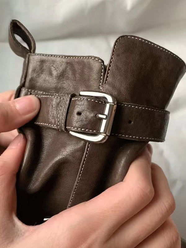 Belt Buckle Round-Toe Split-Joint Zipper Boots