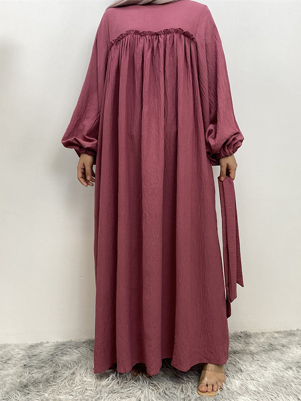 Elasticity Muslim Pleated Solid Color Split-Joint Tied Waist Bishop Sleeve Long Sleeves Round-Neck Maxi Dresses