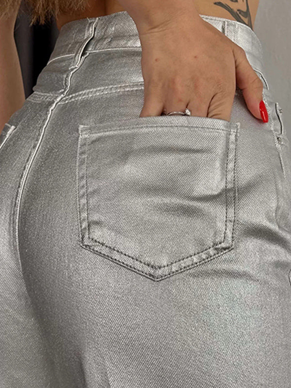 Pockets Solid Color Wide Leg Trousers Pants