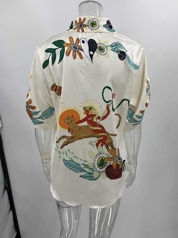 Loose Buttoned Half Sleeves Flower Print Pockets Lapel T-shirt Top + Drawstring Elasticity Pants Bottom Two Pieces Set
